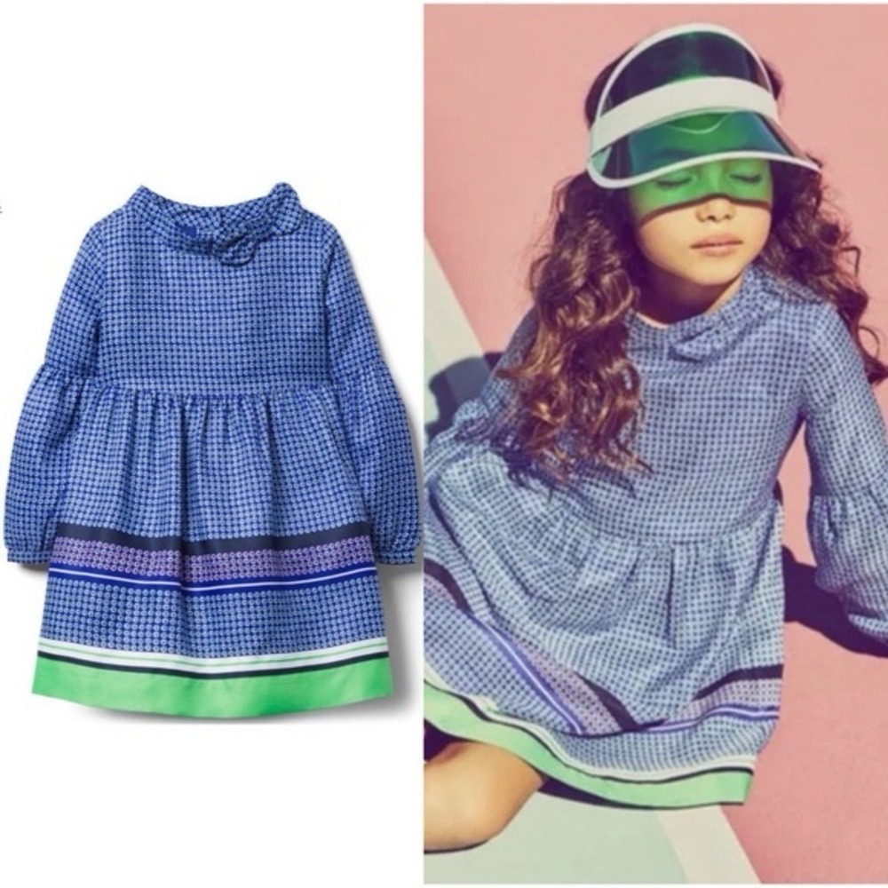 Janie and Jack Girls Blue Green Print Long Sleeve Dress Size 10